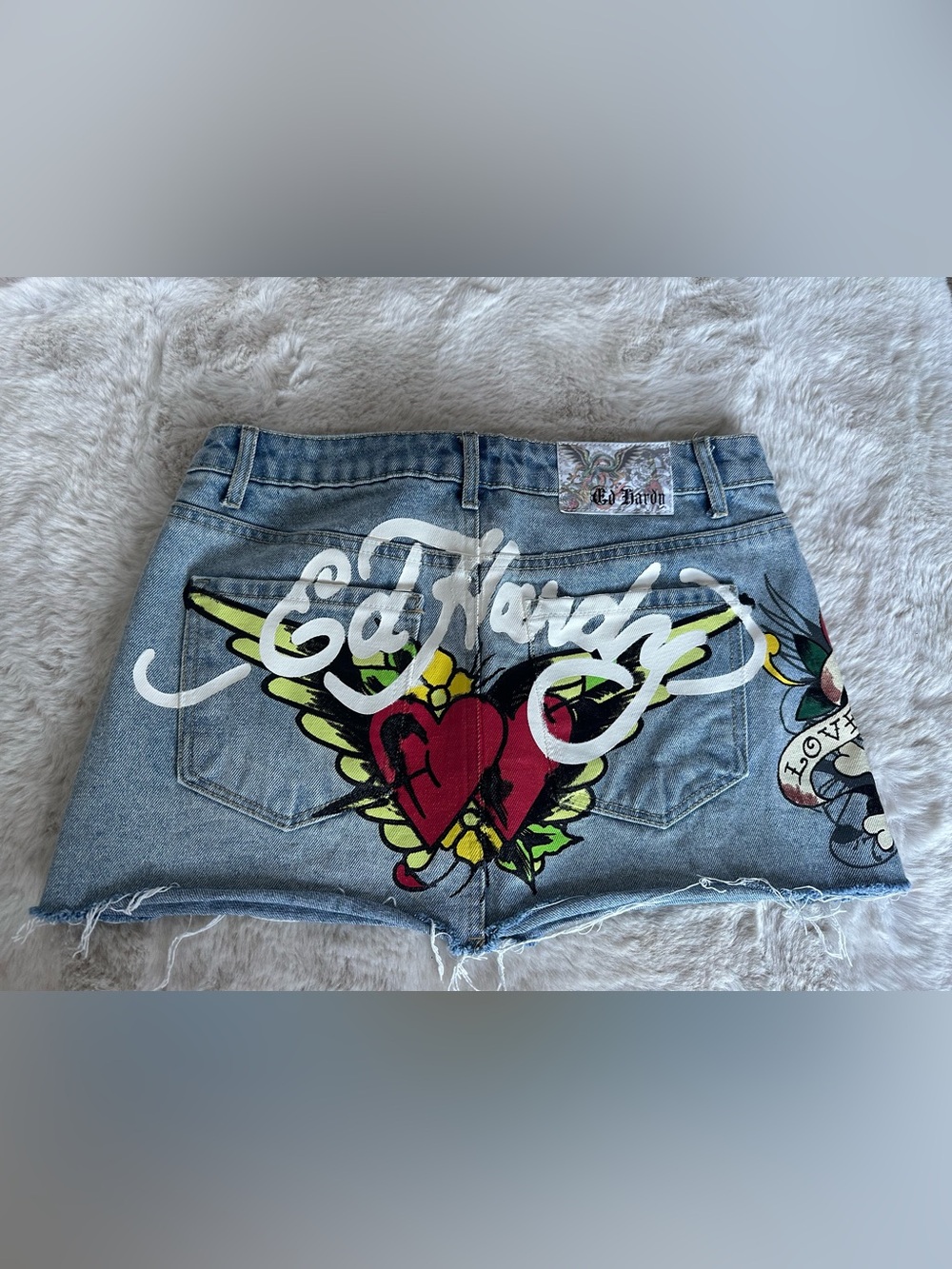 Ed Hardy Light Blue Denim Shorts with Graphic Tattoo Print